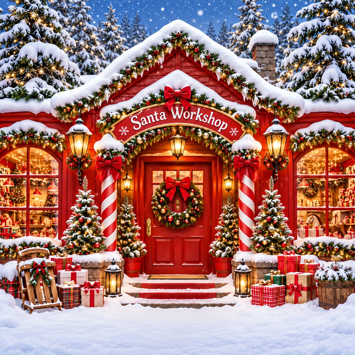 Weihnachtlicher Werkstatt-Hintergrund Verschneiter Hauseingang Rote Weihnachtsdekoration ZTT610-40