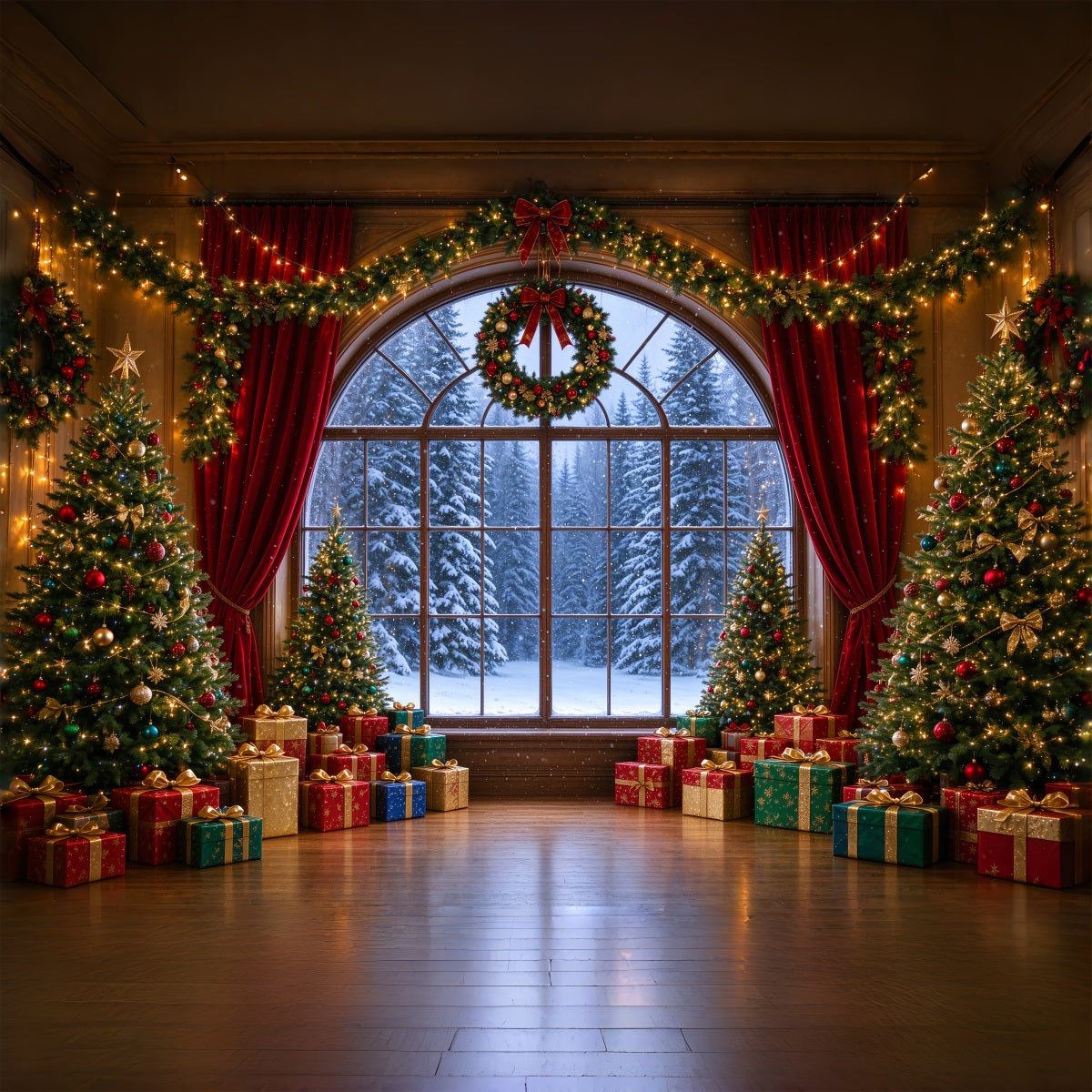 Weihnachtlicher Hintergrund Bogenfenster Mit Blick Auf Verschneiten Wald ZTT610-5