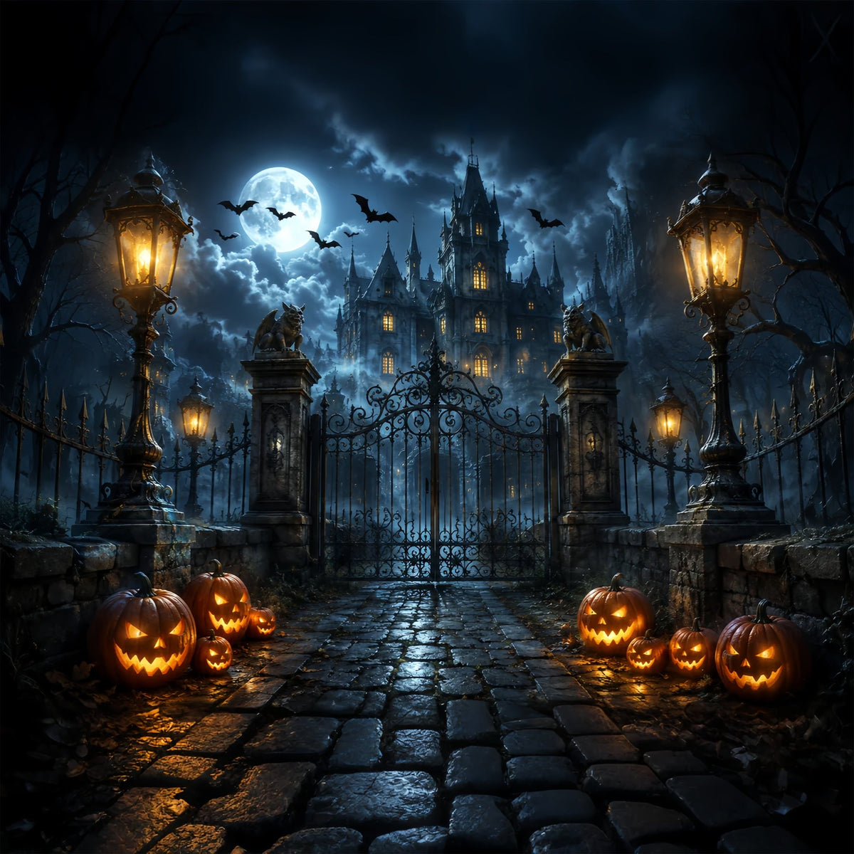 Halloween-FotohintergrundGotische Burg Kürbistor Gruseliger Halloween-Hintergrund ZTT67-12