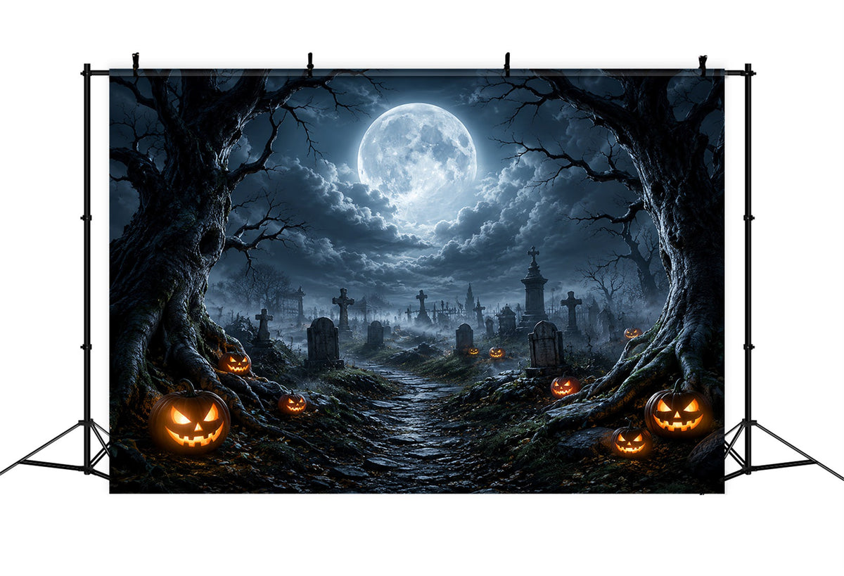 Halloween-Stoffhintergrund Mondbeschienener Kürbis Friedhofsweg Friedhofs-Halloween-Hintergründe ZTT67-13