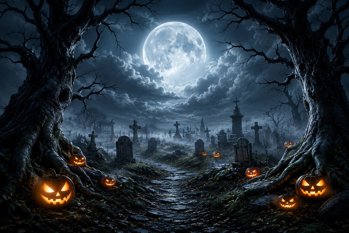 Halloween-Stoffhintergrund Mondbeschienener Kürbis Friedhofsweg Friedhofs-Halloween-Hintergründe ZTT67-13