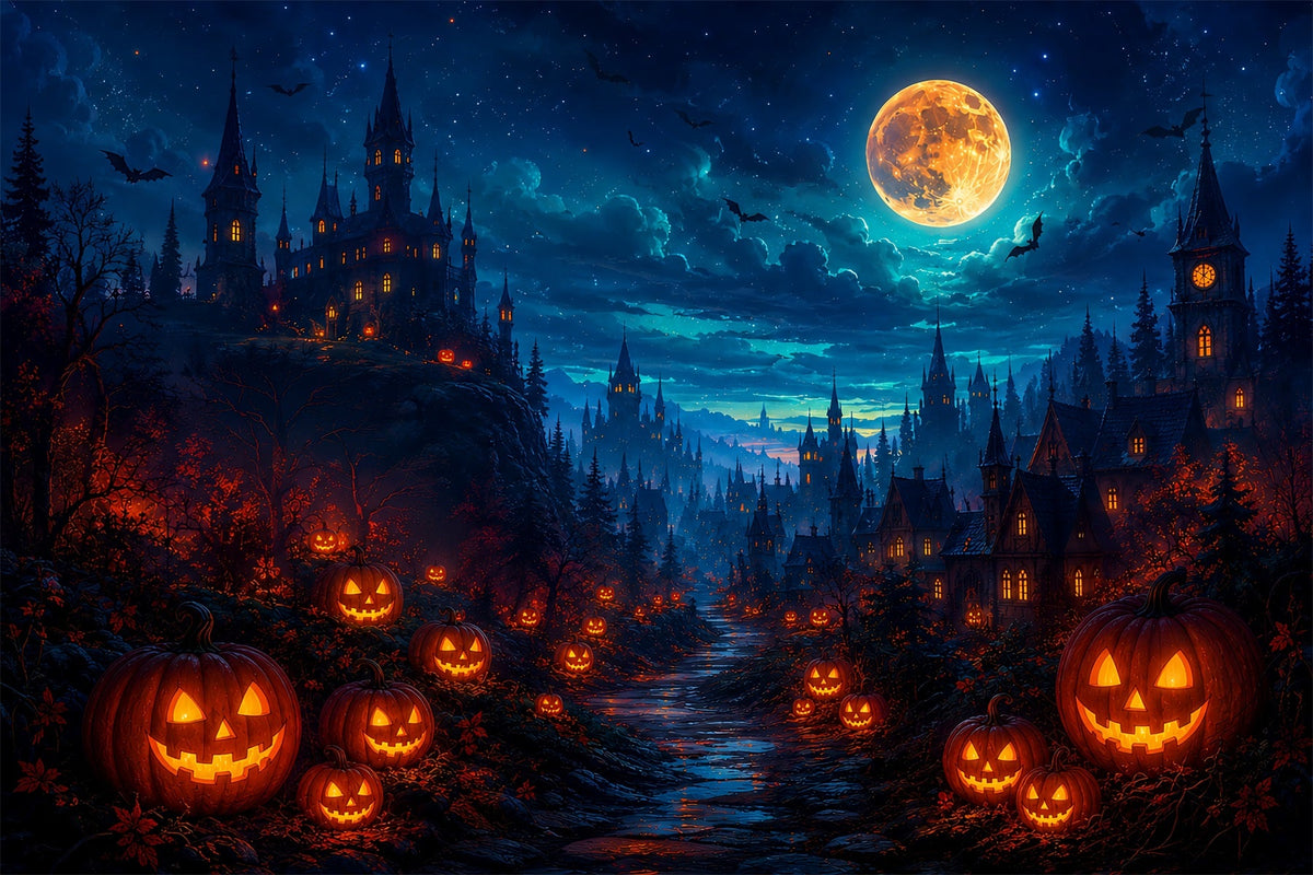 Halloween-Party-Fotohintergrund-IdeenLeuchtender Kürbis Schloss Tal Gruseliger Halloween-Hintergrund ZTT67-15