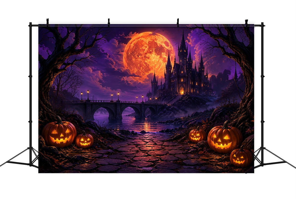 Gruselige Halloween-FotohintergründeFeuriger Mond Gotisches Schloss Fröhlicher Halloween-Hintergrund ZTT67-17