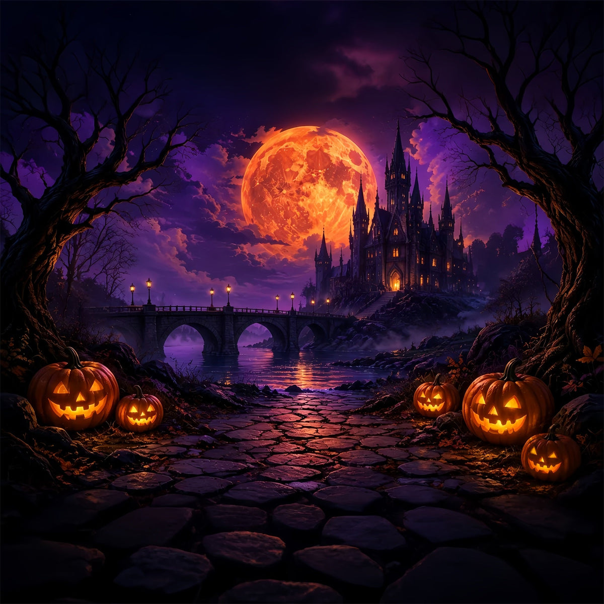 Gruselige Halloween-FotohintergründeFeuriger Mond Gotisches Schloss Fröhlicher Halloween-Hintergrund ZTT67-17