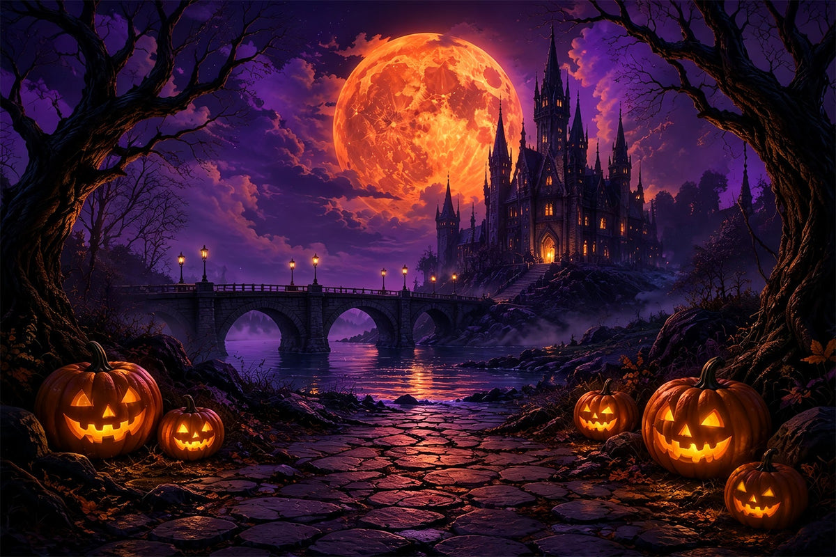Gruselige Halloween-FotohintergründeFeuriger Mond Gotisches Schloss Fröhlicher Halloween-Hintergrund ZTT67-17