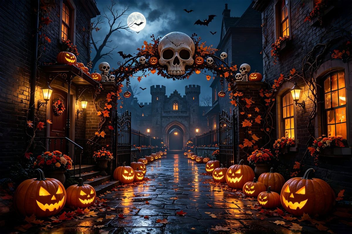 Halloween-Party-Hintergründe Totenkopfbogen Kürbisstraße Halloween-Fotokabinen-Hintergrund ZTT67-27