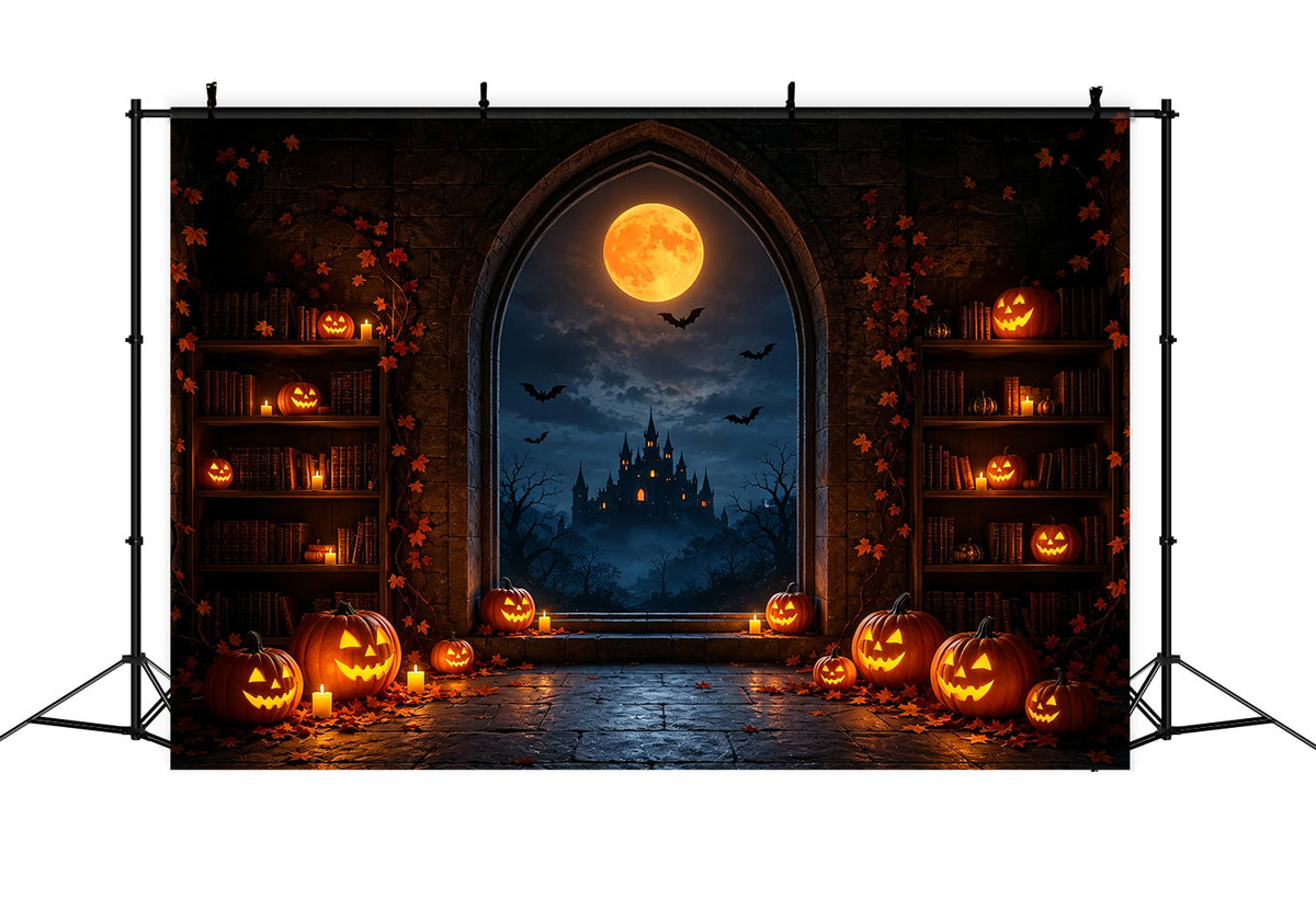Halloween-Mond-Hintergrund Kürbis Bibliothek Schlossfenster Halloween-Fotohintergründe ZTT67-28