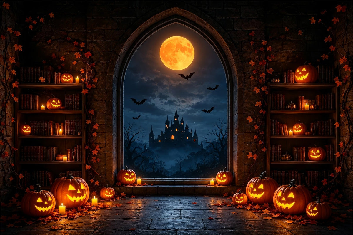 Halloween-Mond-Hintergrund Kürbis Bibliothek Schlossfenster Halloween-Fotohintergründe ZTT67-28