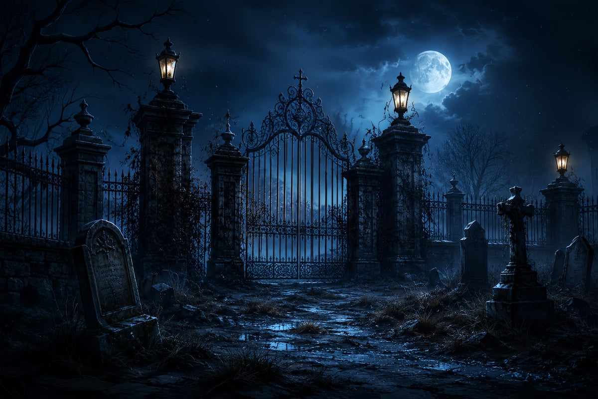 Halloween-Hintergrund Für Den AußenbereichMondbeschienenes Gotisches Friedhofstor Gruseliger Halloween-Hintergrund ZTT67-29