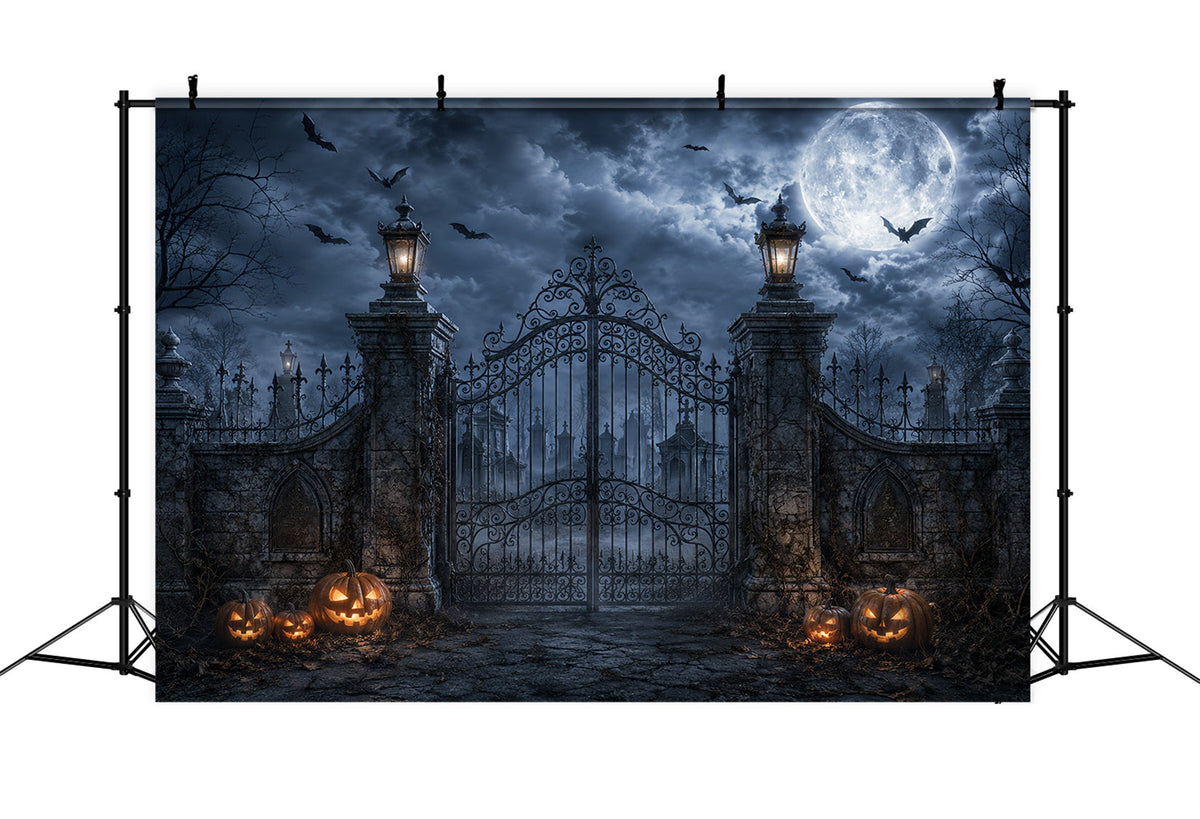 Halloween-Fotohintergrund-IdeenMondbeschienener Kürbis Friedhofstor Halloween-Fotohintergrund ZTT67-35