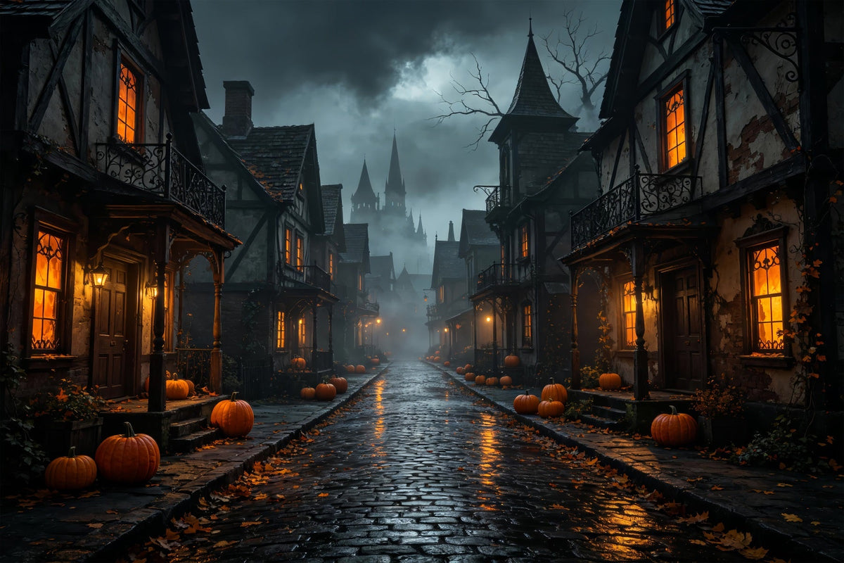 Halloween-Kulissen Aus Pappe Neblige Kürbis-Dorfstraße Halloween-Fotografie-Hintergrund ZTT67-39