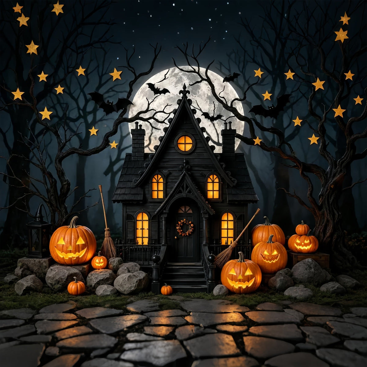 Halloween-Fotohintergrund Für Die FotoboxMondbeschienener Kürbis Spukhaus Niedlicher Halloween-Hintergrund ZTT67-43