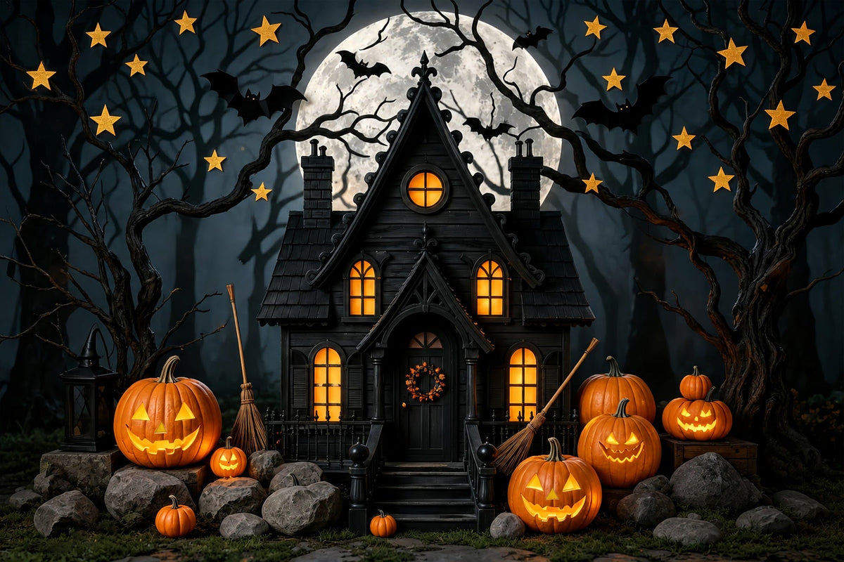 Halloween-Fotohintergrund Für Die FotoboxMondbeschienener Kürbis Spukhaus Niedlicher Halloween-Hintergrund ZTT67-43