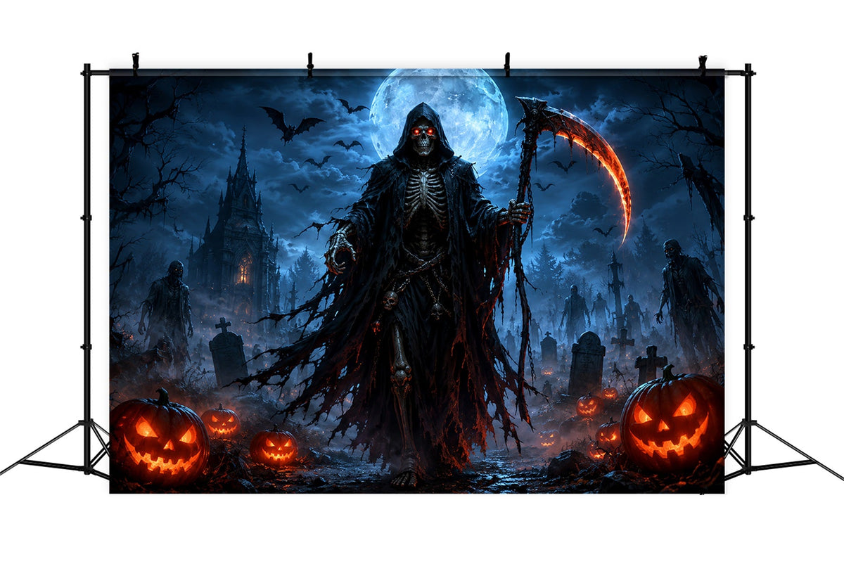 Halloween-Garage-Kulisse Mit Mondbeschienenem Sensenmann Und Kürbissen Für Halloween ZTT67-45