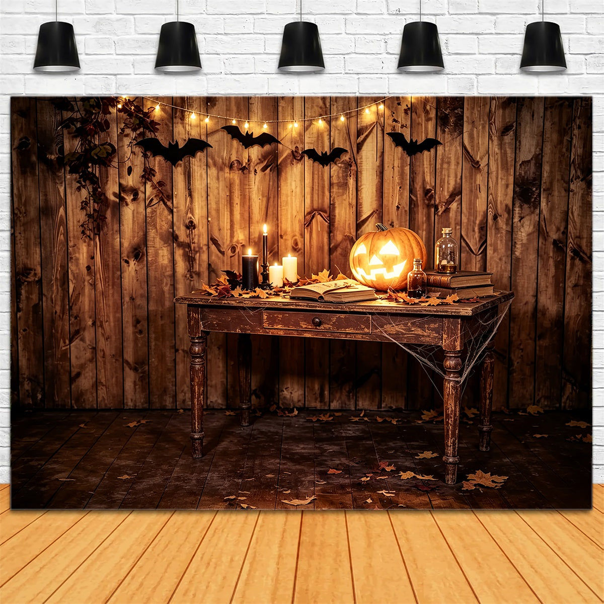 Halloween-Fotohintergrund Rustikaler Kürbis-Kerzentisch Halloween-Geburtstagshintergrund ZTT67-46