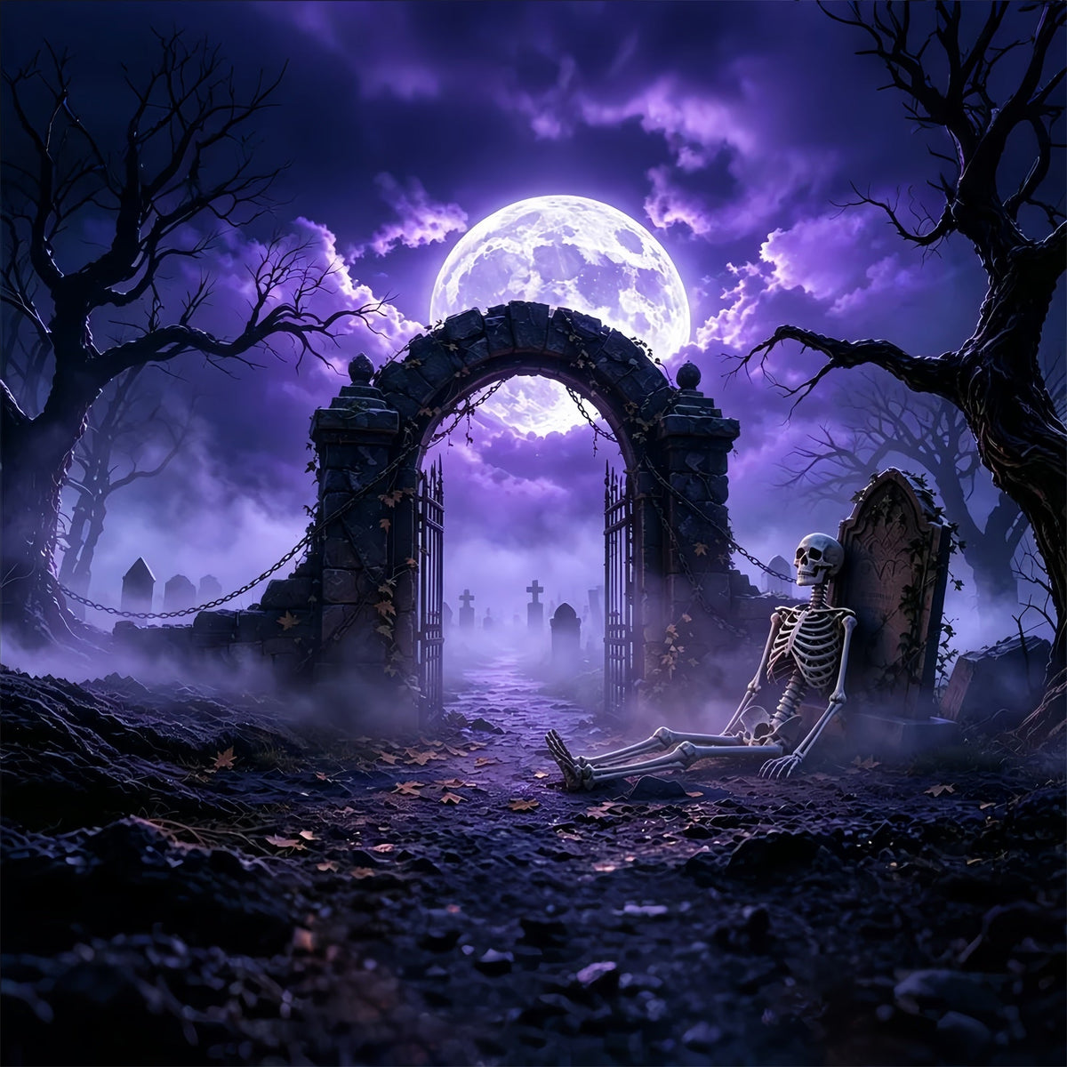 Gruselige Halloween-HintergrundideenLila Mond Skelett Friedhof Halloween-Fotoshooting-Hintergrund ZTT67-48