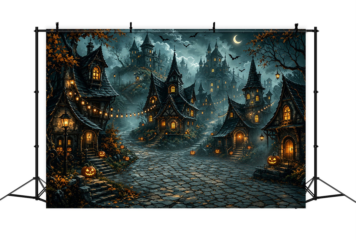 Halloween-Stoffhintergrund Mit Halbmond Und Kürbisdorf Für Fotos ZTT67-49