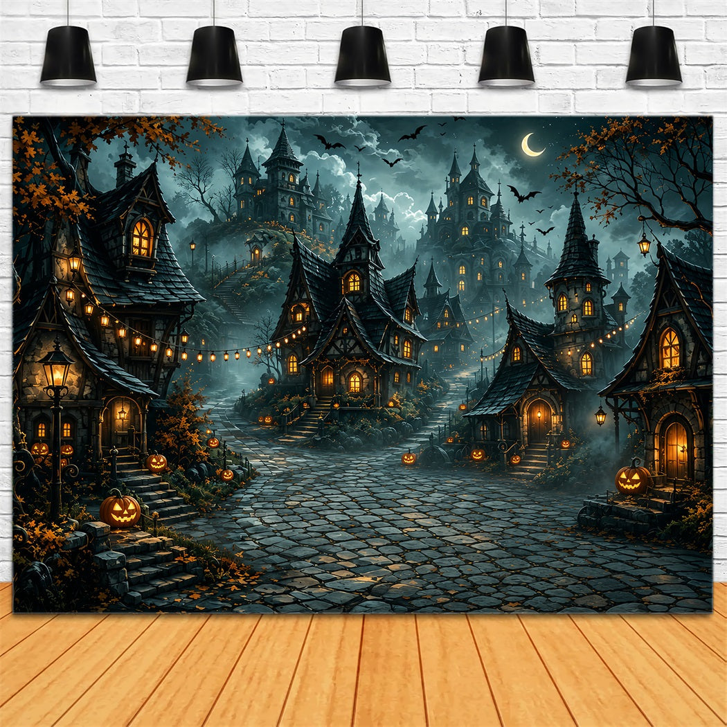 Halloween-Stoffhintergrund Mit Halbmond Und Kürbisdorf Für Fotos ZTT67-49