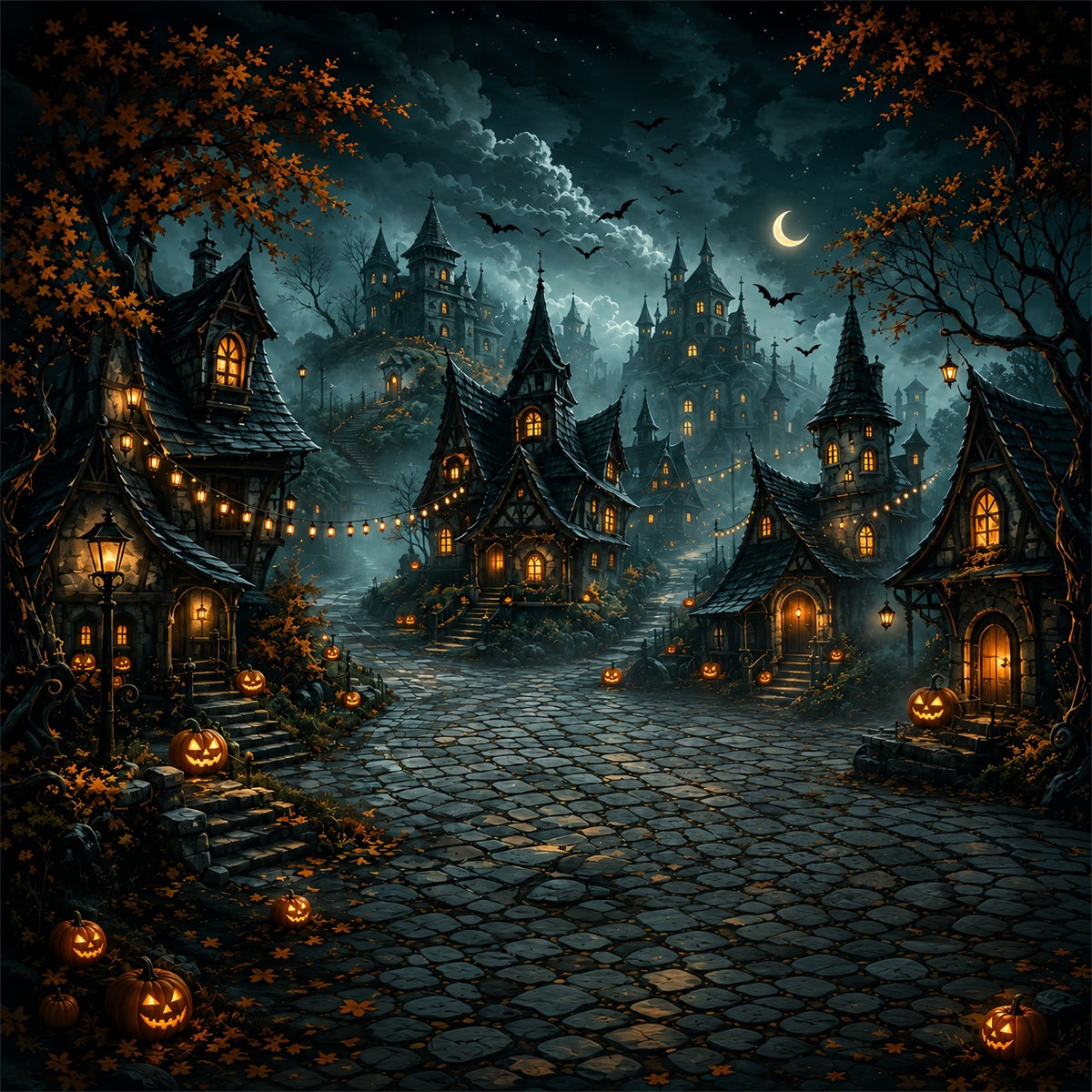 Halloween-Stoffhintergrund Mit Halbmond Und Kürbisdorf Für Fotos ZTT67-49
