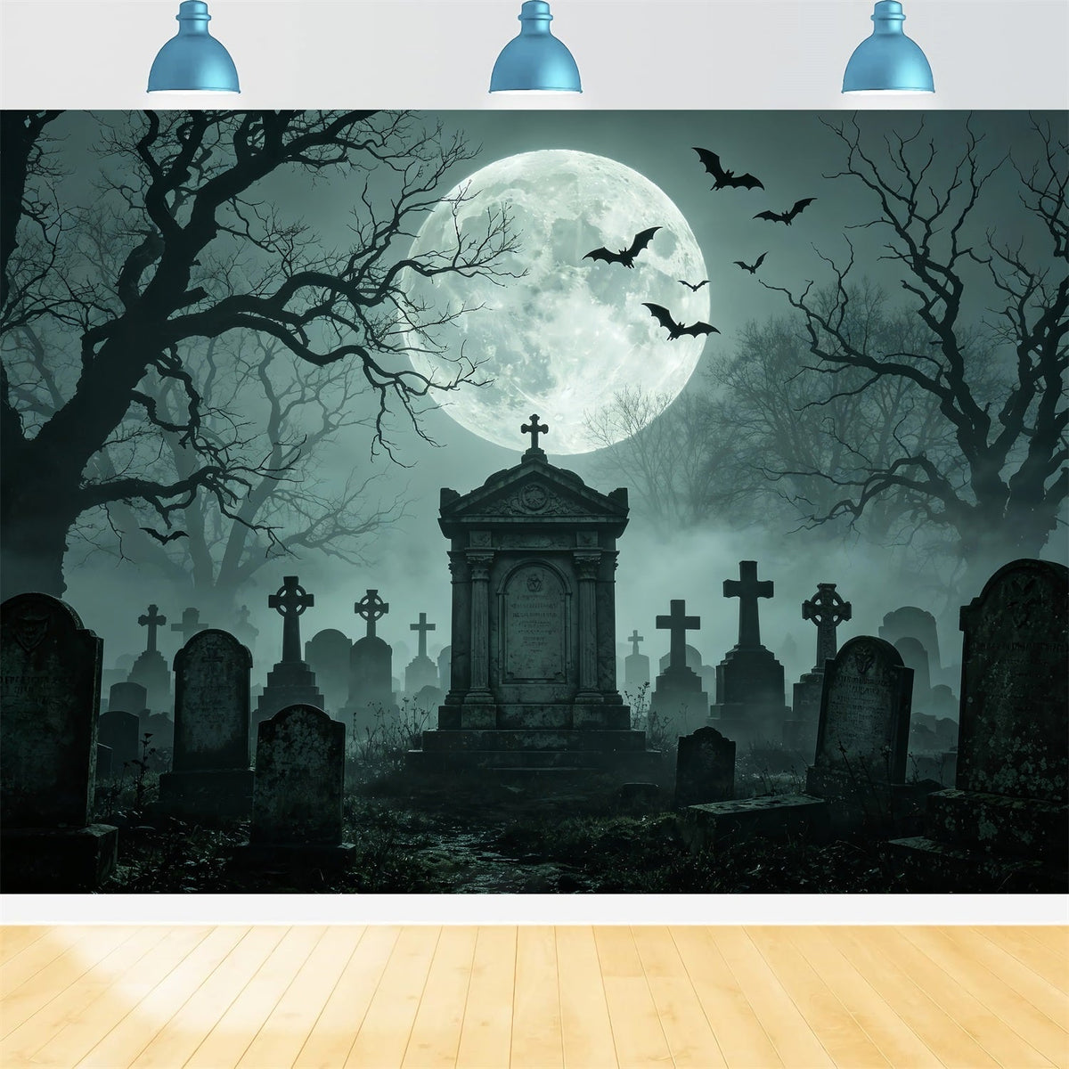 Halloween-HintergrundBallon Mondbeschienener Nebliger Friedhof Denkmal Halloween-Stoffhintergrund ZTT67-56