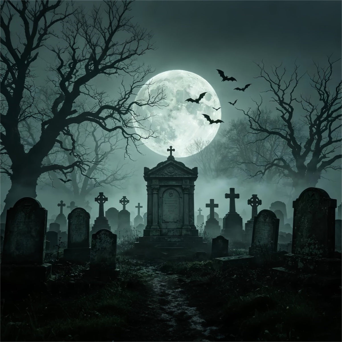 Halloween-HintergrundBallon Mondbeschienener Nebliger Friedhof Denkmal Halloween-Stoffhintergrund ZTT67-56