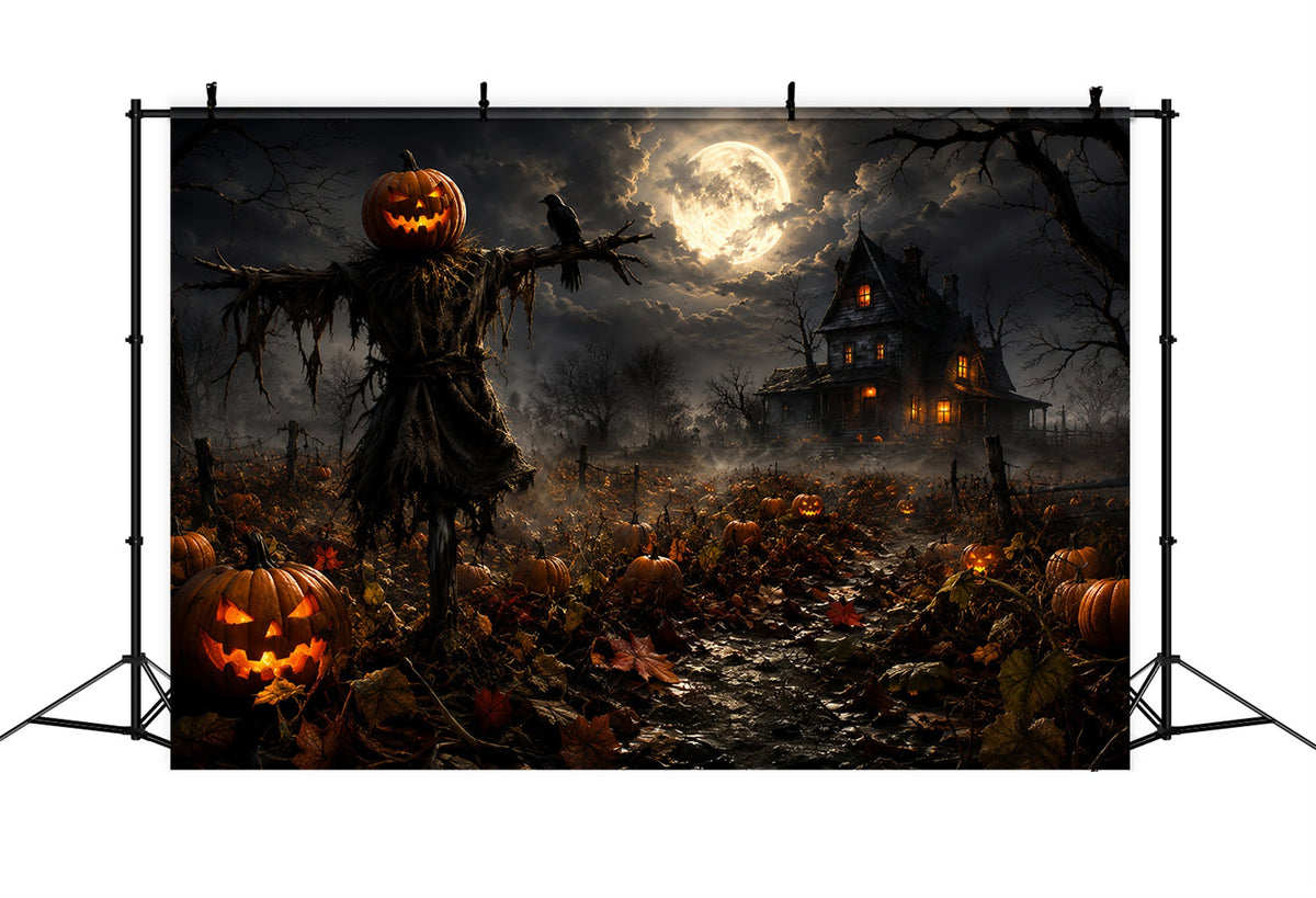Kürbisbeet-Hintergrund Mondbeschienene Vogelscheuche Bauernhaus-Halloween-Hintergrundideen Zum Selbermachen ZTT67-58