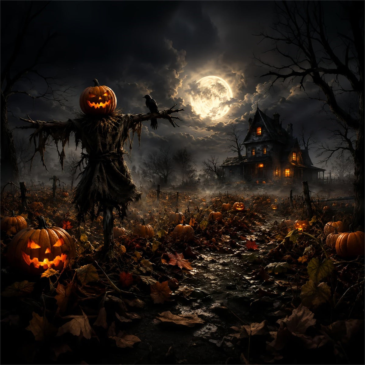 Kürbisbeet-Hintergrund Mondbeschienene Vogelscheuche Bauernhaus-Halloween-Hintergrundideen Zum Selbermachen ZTT67-58