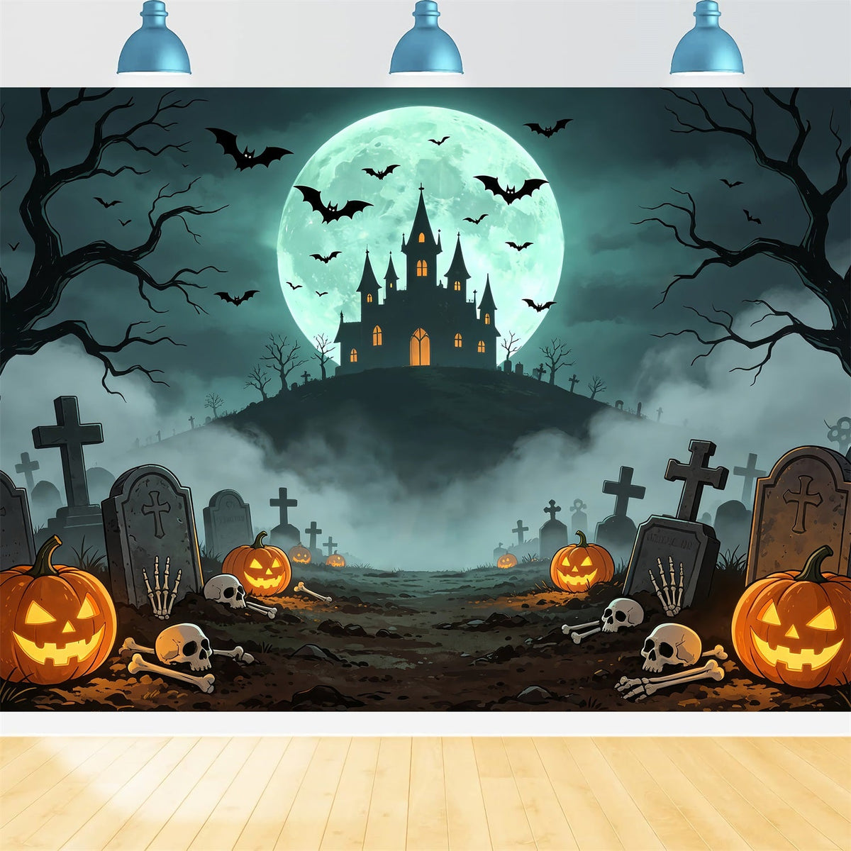 Vampir-Hintergründe Mondbeschienene Burg Friedhofsweg Gruselige Halloween-Fotohintergründe ZTT67-61