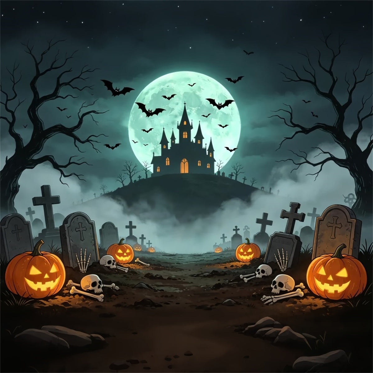 Vampir-Hintergründe Mondbeschienene Burg Friedhofsweg Gruselige Halloween-Fotohintergründe ZTT67-61