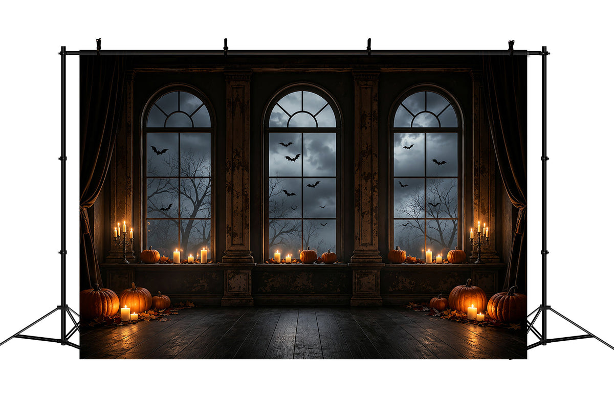 Fledermaushöhlen-Kulisse Kerzenlicht Kürbis Bogenfenster Halloween-Kulisse Fotos ZTT67-63