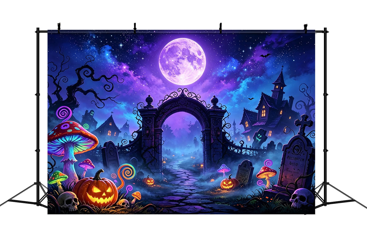 Fledermaushöhlen-Hintergrund Neonmond Pilzfriedhof-Halloween-Hintergrund Für Kinder ZTT67-64