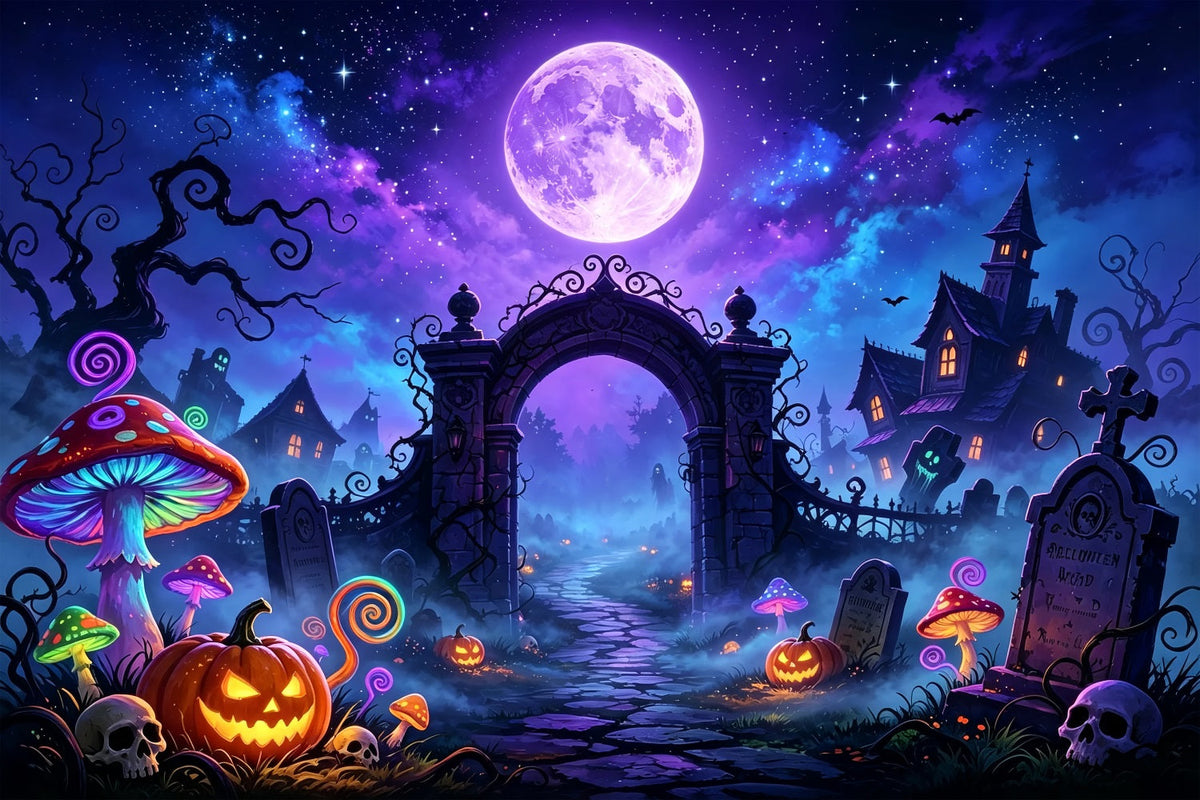 Fledermaushöhlen-Hintergrund Neonmond Pilzfriedhof-Halloween-Hintergrund Für Kinder ZTT67-64