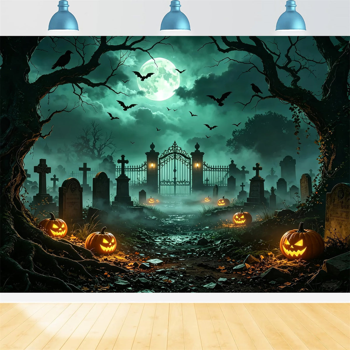 Halloween-Hintergrund Mit Hund Mondbeschienenem Kürbis Friedhofstor Ostergrab-Hintergrund ZTT67-67