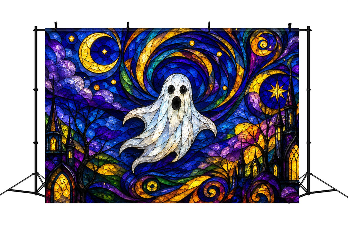 Geister-Buntglas-Hintergrund Wandteppich Mondlicht Niedlicher Geist Fotokabine Halloween-Fotokabinen-Hintergrund ZTT67-68
