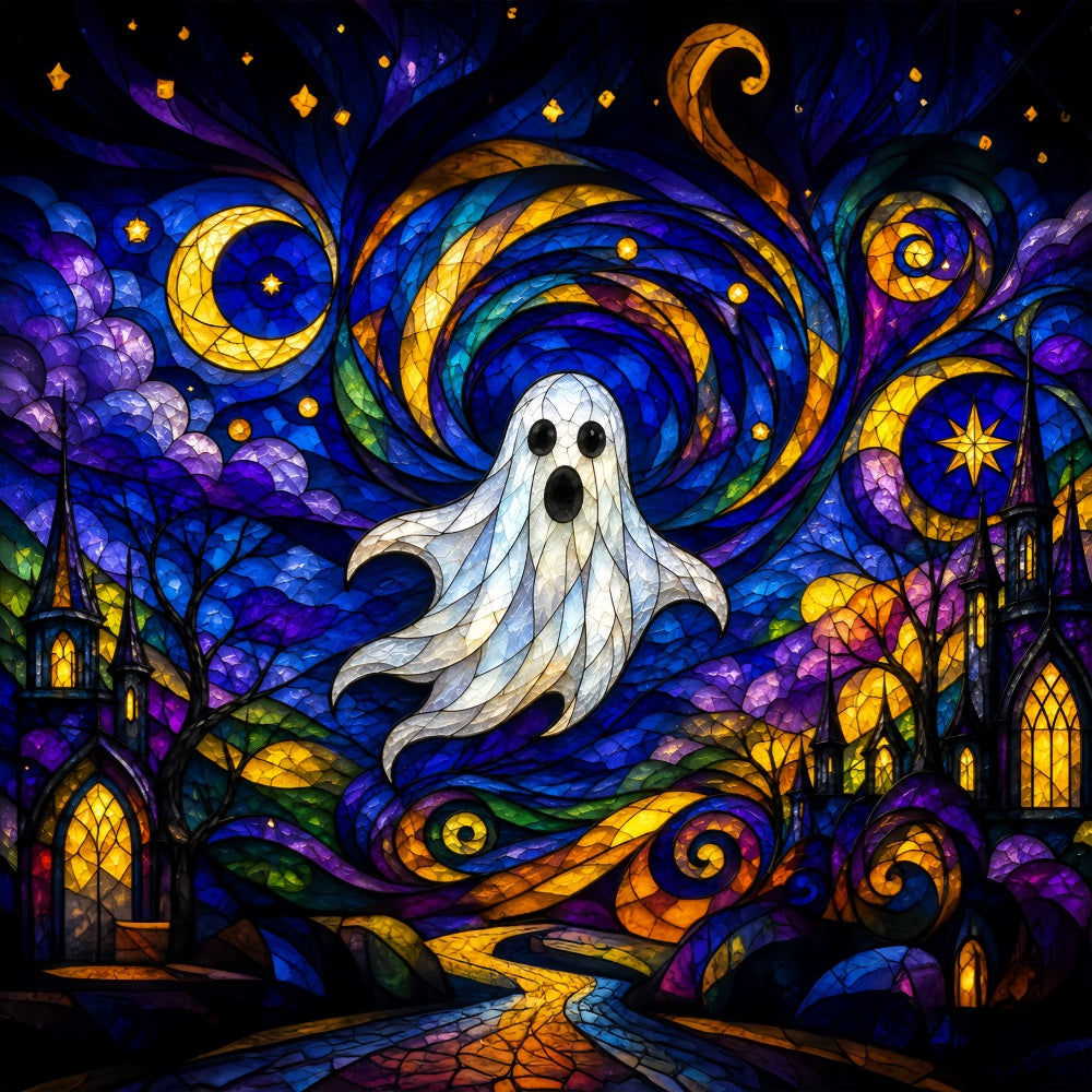 Geister-Buntglas-Hintergrund Wandteppich Mondlicht Niedlicher Geist Fotokabine Halloween-Fotokabinen-Hintergrund ZTT67-68
