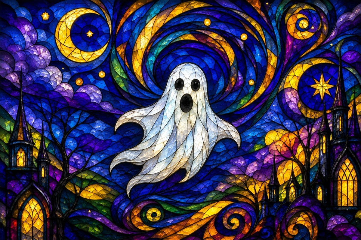 Geister-Buntglas-Hintergrund Wandteppich Mondlicht Niedlicher Geist Fotokabine Halloween-Fotokabinen-Hintergrund ZTT67-68