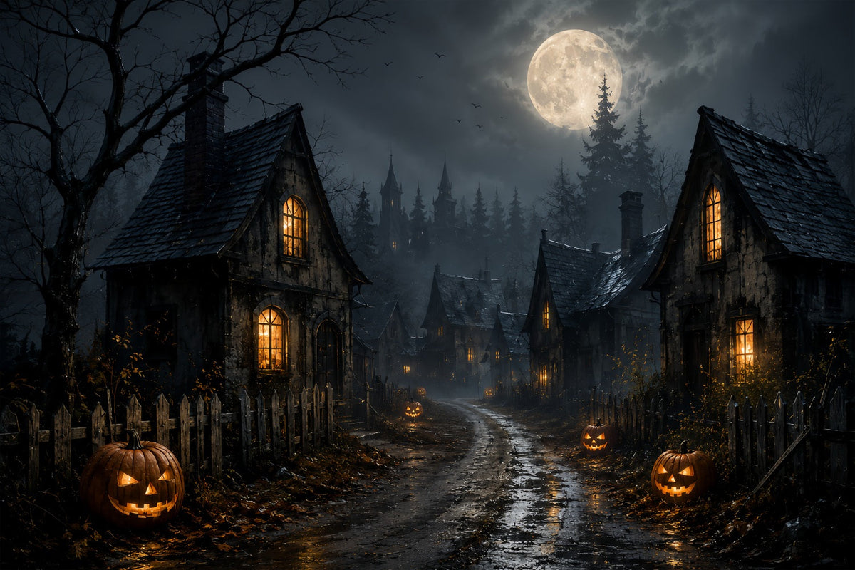 Hintergrund Geister-Buntglas Mondlicht Kürbis Dorfstraße Lemax Spooky Town Hintergrund ZTT67-70