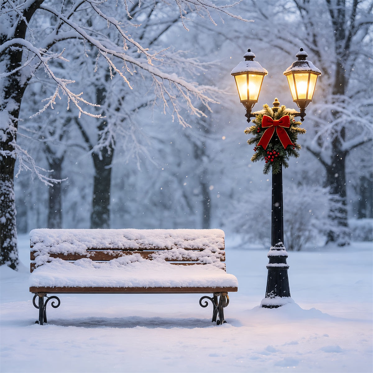 Weihnachtsschnee-Hintergrund Laternenleuchten Auf Einer Verschneiten Bank Weihnachtliche Musselin-Hintergründe ZTT69-11