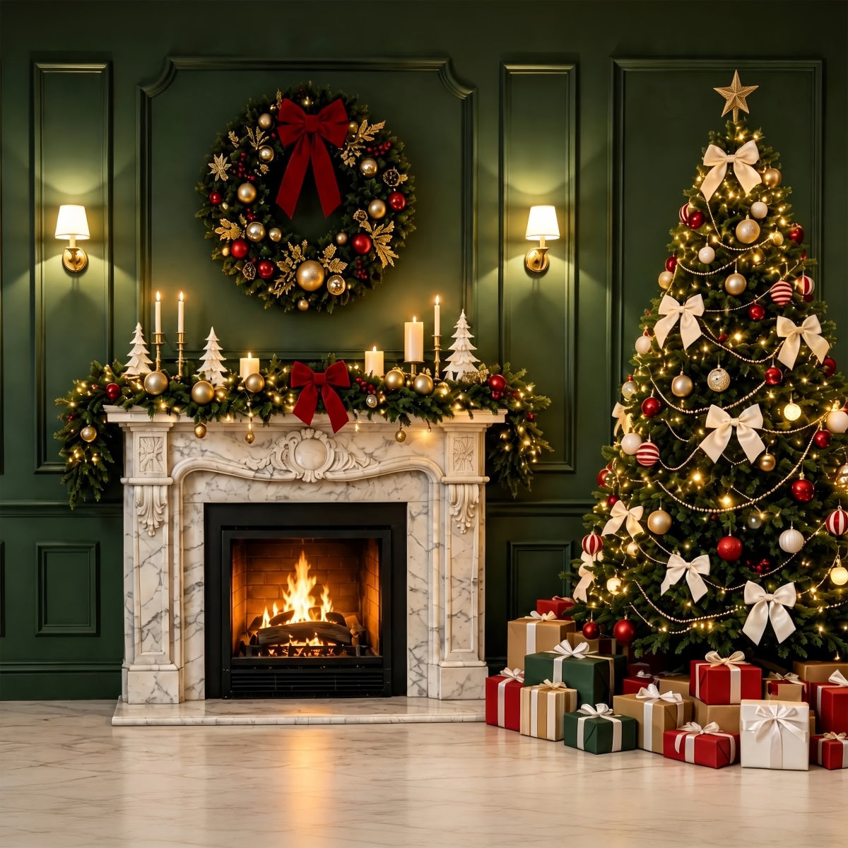 Grüne Weihnachtskulisse Grüner Kaminbaum-Dekor Weihnachts-Fotohintergründe ZTT69-28