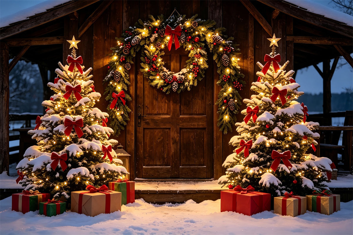 Weihnachts-Scheunentor-Hintergrund Rustikaler, Verschneiter Hütteneingang Weihnachtsfotohintergrund ZTT69-31