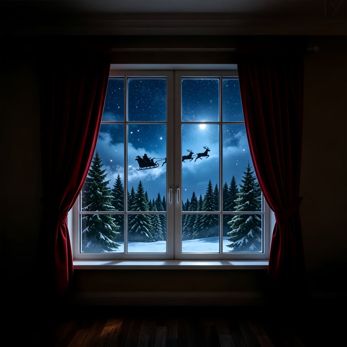 Weihnachtsnacht-Hintergrund Mondbeschienenes Rentierfenster Weihnachtsfotohintergrund ZTT69-34