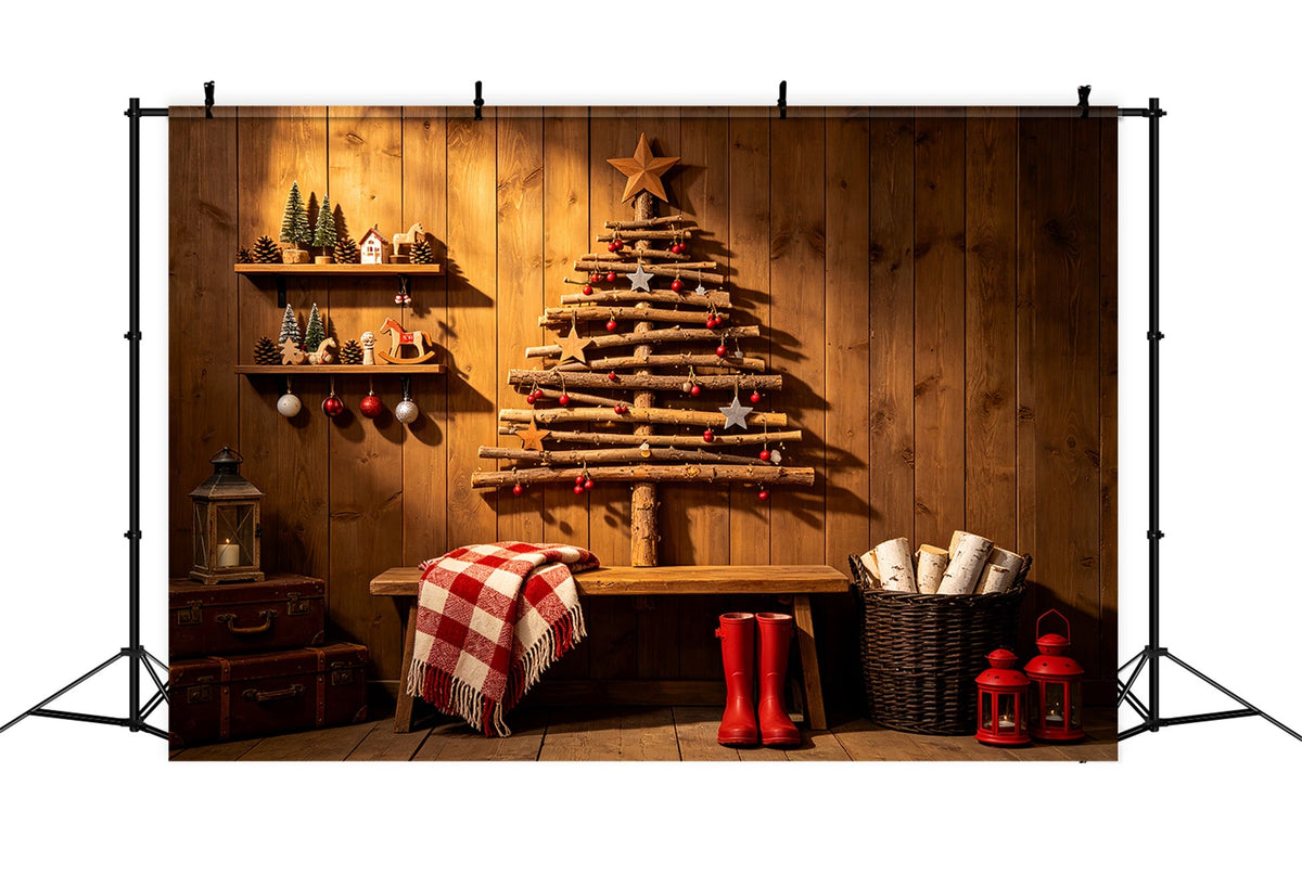 Rustikale Weihnachtskulissen Ländliche Baumdekoration Aus Holz Weihnachtshintergründe Für Den Innenbereich ZTT69-42