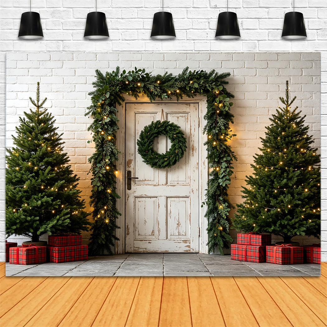 Weihnachtsgrün-Hintergrund Weißer Türgirlandeneingang Weihnachts-Fotohintergründe ZTT69-47