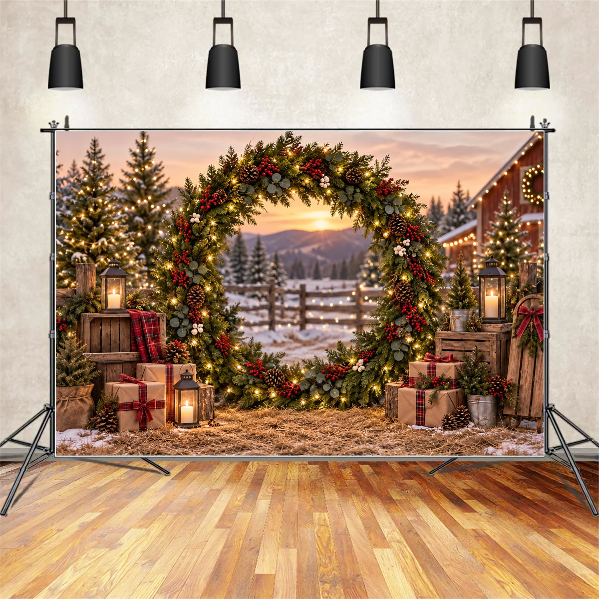 Weihnachtsbaumfarm Fotohintergrund Immergrüner Kranz Hofeingang ZTT69-52