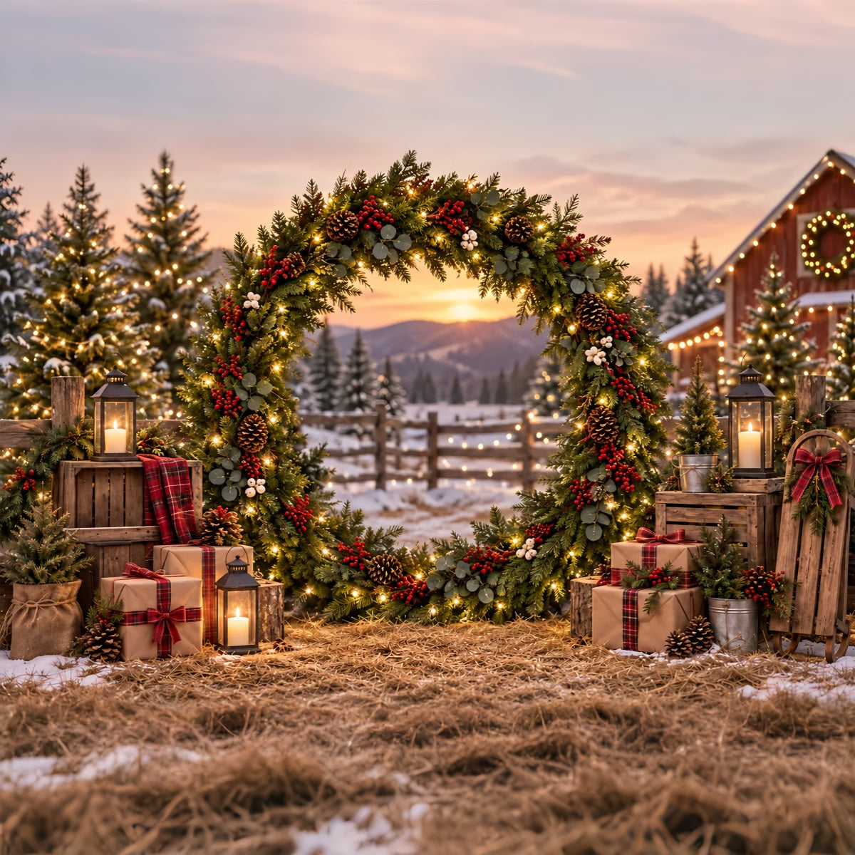 Weihnachtsbaumfarm Fotohintergrund Immergrüner Kranz Hofeingang ZTT69-52