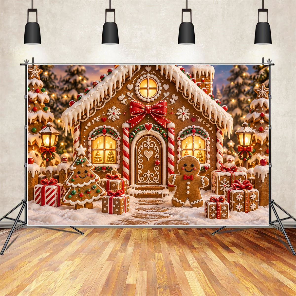 Lebkuchenhaus Hintergrund Süßigkeiten Häuschen Verschneite Bäume ZTT69-57