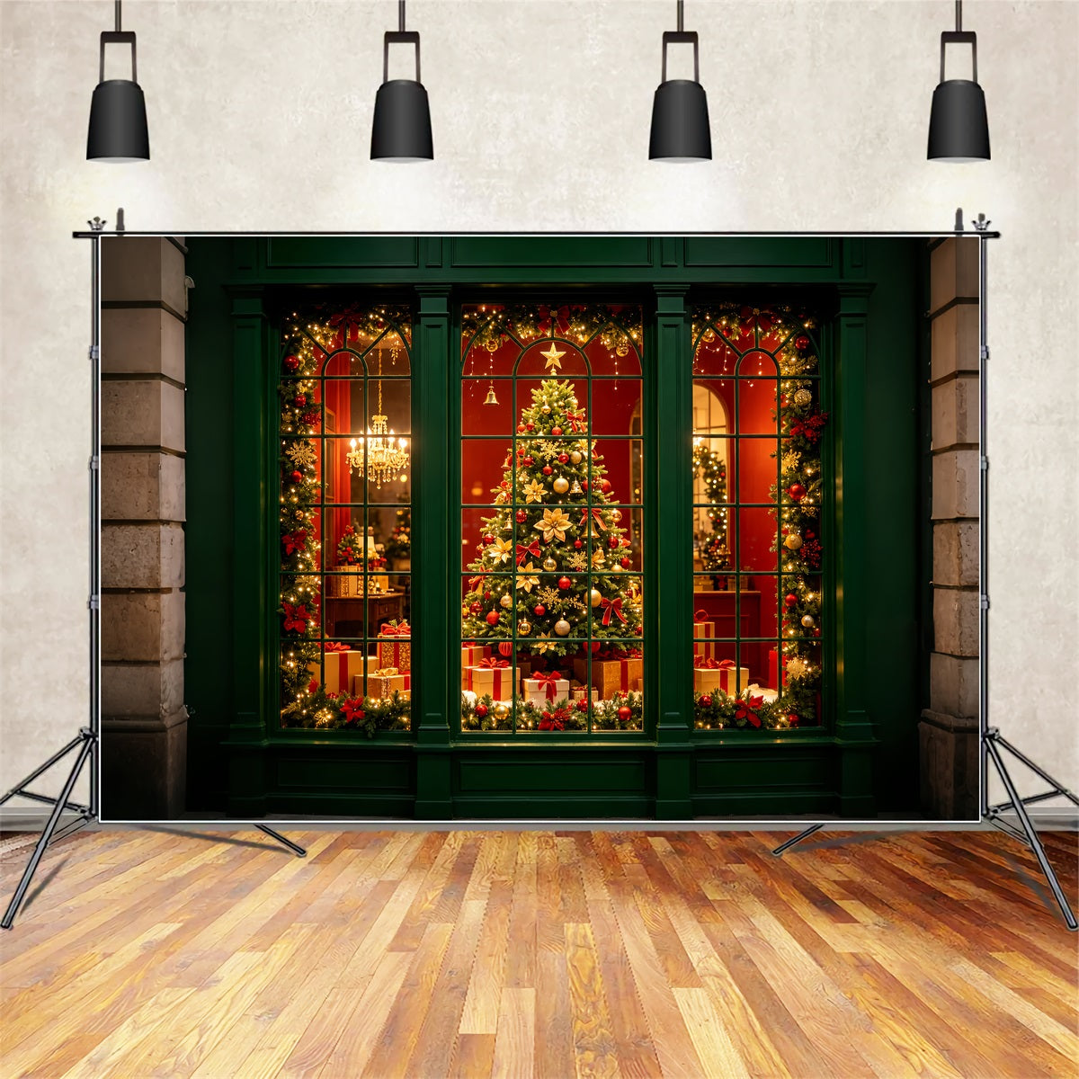 Weihnachtsfenster-Hintergrund Grüne Fensterdekoration Professionelle Weihnachtskulisse ZTT69-6