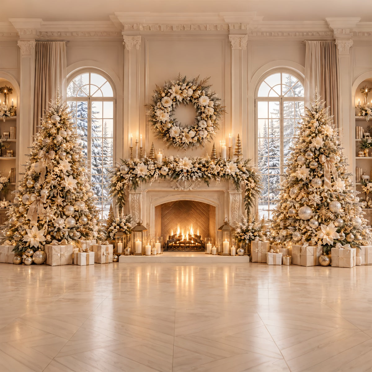 Weihnachtlicher Fotohintergrund Elfenbein Blumen Kamin Eleganz ZTT69-68