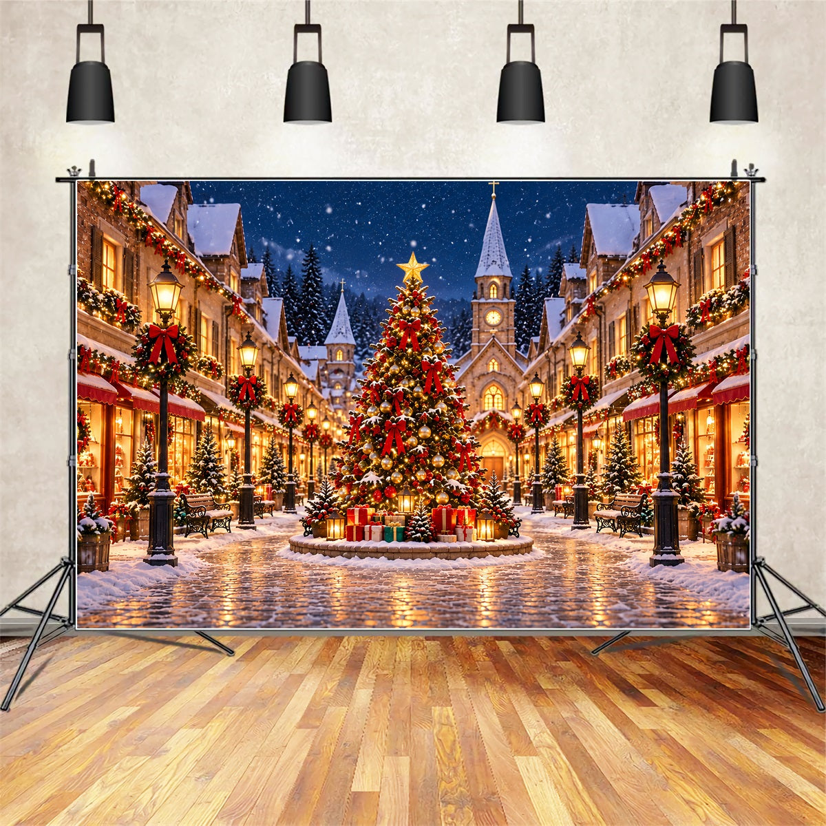 Weihnachtsdorf Hintergrund Verschneiter Stadtplatz Lichter ZTT69-75