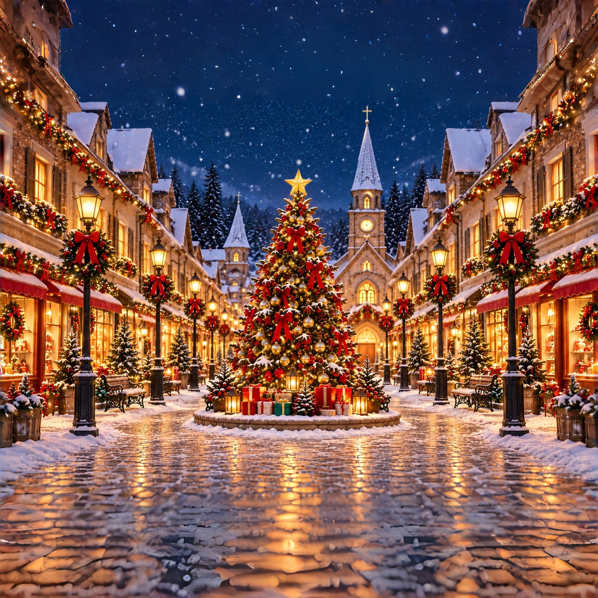 Weihnachtsdorf Hintergrund Verschneiter Stadtplatz Lichter ZTT69-75